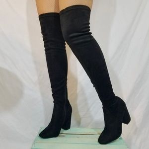 Black Faux Suede Over The Knee / Thigh High Sock Boots